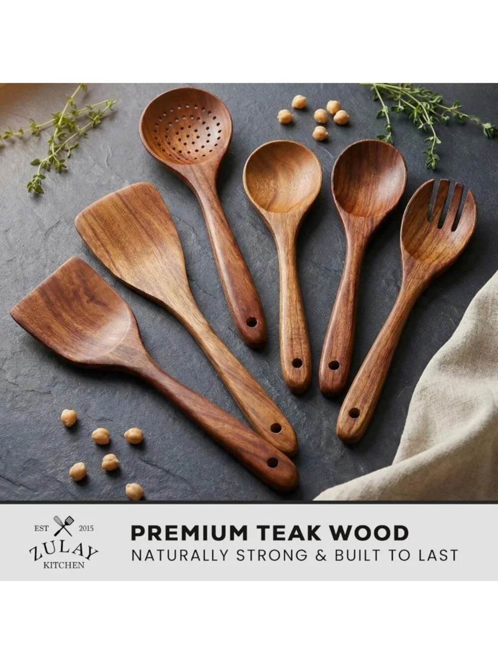 Natural Teak Wooden Cooking Utensil Set - 6 Durable Spoons, Easy to Clean